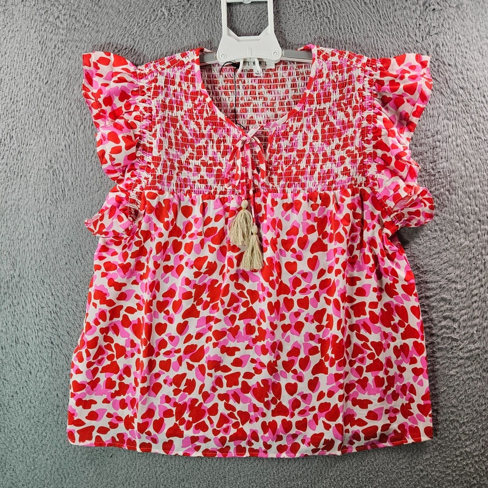 THML Pink and Red Heart Print Ruffle Sleeve Blouse
